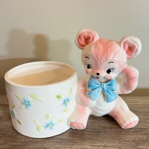 Vintage Nursery Ceramic Pink Teddy Bear w/ Blue Bow Planter Décor